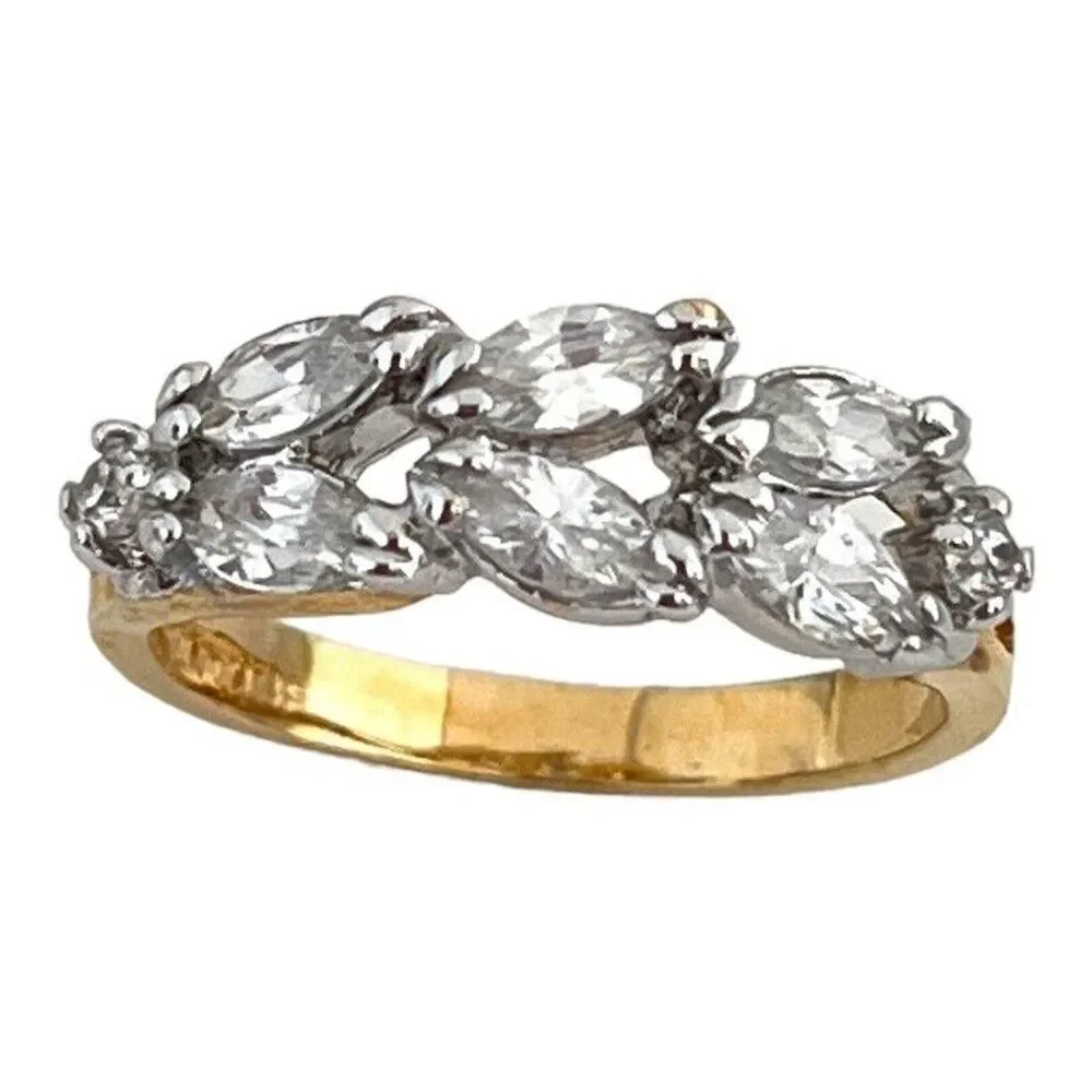 Vintage 1970s Ring Size 9 CZ Marquise Cluster Gold Plated Band - 14Q